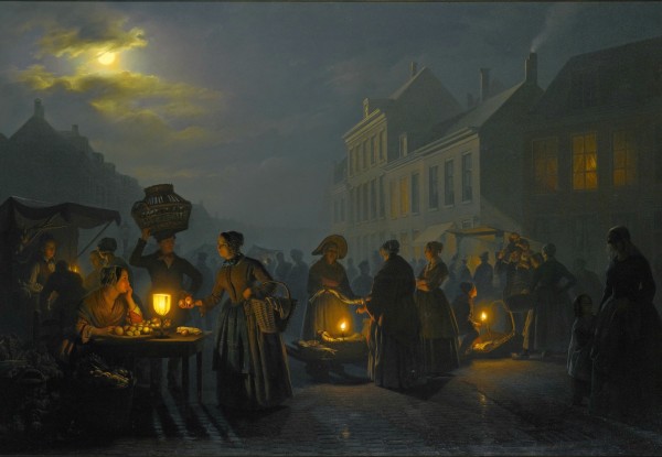 A market at night by Petrus van Schendel